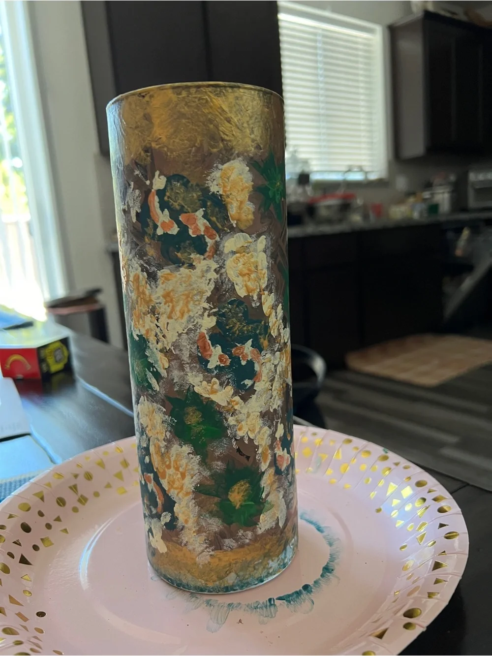 Gold Floral Hand-Painted Glass Vase -New